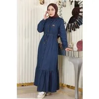 MODAMİHRAM Maxikleid Geknöpftes Jeanskleid mit Spitzentaille