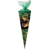 Nestler Schultüte Dino Dschungel, 35 cm, rund, mit grünem Tüllverschluss, Zuckertüte für Geschwister