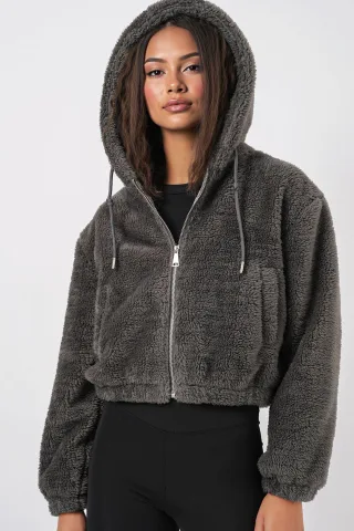 Crop Plüsch Zip-Front Hoodie