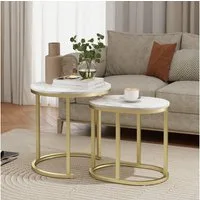 HOMCOM Couchtisch 2er Set Stapelbarer Kaffeetisch mit Stahlrahmen (Sofatisch, 2-St., Beistelltisch), für Wohnzimmer, Schlafzimmer, Balkon, Weiß