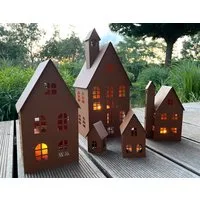 LB H&F Lilienburg Dekofigur 5er SET Haus Häuser Deko Metall Lichthaus Weihnachten Weihnachtsdeko (Metallhaus Adventsdeko Herbstdeko Tischdeko Laterne Windlicht Rosthaus Rostlaterne Wohnzimmer außen Garten Mutter Mama Winter Eingang Teelichthaus Kerze