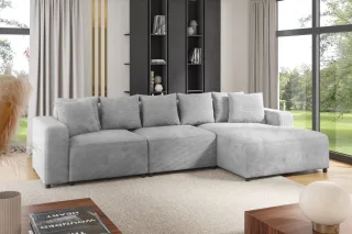Ecksofa Designersofa Sofa MEGAN in Stoff Poso Hellgrau Ottomane Rechts