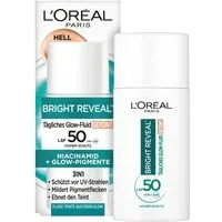 L'ORÉAL PARIS Gesichtsfluid BRIGHT REVEAL TÄGLICHES GLOW-FLUID GETÖNT LIGHT LSF 50, mit Vitamin C und E, feuchtigkeitsspendend.