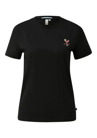 Q/S designed by - Basic T-Shirt mit Stickerei schwarz - Gr. - S
