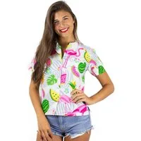 King Kameha Hawaiihemd Flamingo Melone Funky Hawaiibluse Damen Kurzarm Front-Tasche Stylish