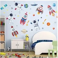 Montegoni Wandsticker Astronaut Wandsticker Kinderzimmer Weltall Deko Set, Raketen Planeten (Mehrteiliges Wandtattoo Set, 1 Set Wandsticker Kinder), Selbstklebend, farbstabil, rückstandslos, individuell platzierbar