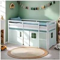 Homestyle4u Hochbett Kinderbett 90x200 Spielbett Kiefer Jungen Weiß Grün Mint Vorhang (Komplett-Set mit Lattenrost, Matratze mit OEKO-TEX® Standard 100) mit Rausfallschutz, Junge