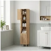 Yorbay Badkommode Badezimmerschrank schmal, Hochschrank mit Türen und offenen Fächern, Freistehender Badschrank mit verstellbaren Einlegeböden, Eiche Optik