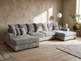 Wohnlandschaft mit Schlaffunktion BENICIO Sofa in Stoff Flow Hellgrau