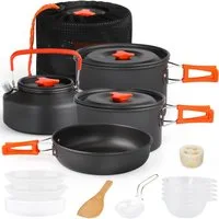 PFCTART Topf-Set Camping Kochgeschirr Set 16 tlg. mit Topf, Pfanne und Camping Geschirr, Aluminium (Set, 16-tlg., Mit Suppentopf, Antihaftpfanne, Kocher & Geschirr für Camping), Leicht, stapelbar und tragbar in praktischer Tasche für Outdoor