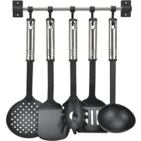 Haushalt International Küchenorganizer-Set Küchenhelferset Schaumlöffel Pfannenwender Suppenkelle Spaghettilöffel, (Kochhelfer aus Kunststoff und Edelstahl, 6-tlg., 2 Pfannenwender Schaumlöffel Spaghettilöffell Suppenkelle Leiste), inklusive Aufhänge