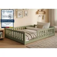 Kids Collective Kinderbett Bodenbett Bett mit Rausfallschutz & Lattenrost Montessori Bett Kinder (Jungen, Mädchen, Kinder, weitere Größen 80x160, 80x180, 90x190, 90x200, 120x200 cm), Jugendbett Gitterbett Einzelbett, Olivgrün Kiefer 140x200 cm