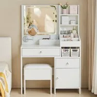 JYMTOM Schminktisch mit LED Beleuchtung Spiegel, Verstellbarer Helligkeit, 130x87x36 cm (mit Hocker), Kosmetiktisch mit 2 Schubladen, Frisiertisch mit drehbarem Spiegel