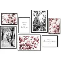 Hyggelig Home Poster Paris, Premium Poster Set OHNE & MIT Rahmen, Wandbild la vie est belle, Natur (Set, 7 St), Collage schwarz weiß, Qualitätsdruck dickes Papier