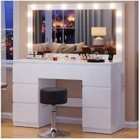 HOMALL Schminktisch mit großem Spiegel, 120 cm, 7 Schubladen, Schmuckschrank (XXL-Spiegel 106×51 cm (30×51 aufklappbar m. Schmuckschrank) · 120 cm · 7 Schubladen · LED-Birne · 2 Steckdosen+USB/Type-C · E1-MDF · 2 Farben · Hocker opt)