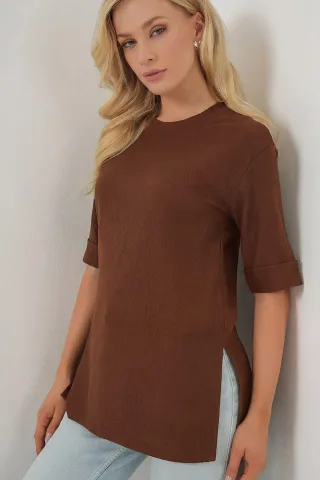 Strukturiertes Rundhals-Kurzarm-T-Shirt