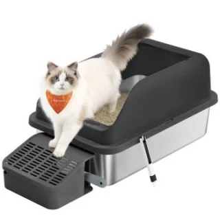 FEANDREA Katzenklo Edelstahl XXL, Offene Katzentoilette mit Schaufel, für Große Katzen