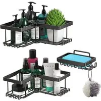 HUGERSTONE Duschregal Duschablage Ohne Bohren, Badezimmer Organizer mit Seifenhalter Haken, 3-tlg., Edelstahl Elbstklebender Duschkorb für Bad Küche Toilette Aufbewahrung