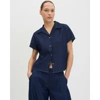someday Kurzarmbluse Zondra denim aus Denim in Boxy-Passform Mit Knöpfen in Hornoptik als besonderem Akzent