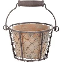 esschert design Übertopf Blumen Topf im Draht Korb Henkel Aged Terracotta rund Set Pflanzen