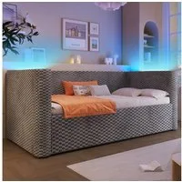STILVORA Schlafsofa mit Matratze&bettkasten Polsterbett 90×200 Tagesbett ausziehbar grau, mit LED-Beleuchtung, hydraulischem Stauraum und Lattenrost, Inklusive Matratze