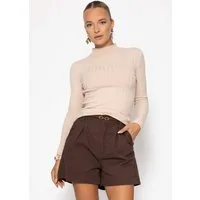 SASSYCLASSY Langarmshirt Rippstrickoberteil mit Stehkragen Damen Figurbetonter Feinstrickpullover mit Viskoseanteil Grau Beige Rosa
