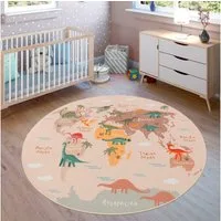 Paco Home Kinderteppich Bino 583, rund, Höhe: 4 mm, Spielteppich, Motiv Weltkarte & Dinosaurier, Kinderzimmer