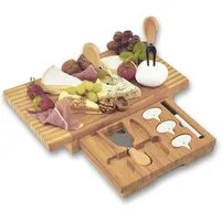 Dimono Käsebrett Deluxe Käsebrett aus Bambus mit 3 Käsemessern & Käsebesteck-Set, Bambus, (Servier-Brett mit Käsebesteck, 8-St), Käse-Schneidebrett