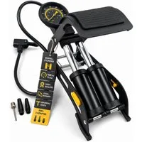 Pitlane Performance Luftpumpe KFZ & Fahrradpumpe alle Ventile Fußpumpe (1-tlg., Tritt Fuß-Pumpe für E-Bike, Auto, Motorrad & Ball, inkl. 3 Adapter), bis 11 Bar Druck mit Manometer & Doppelzylinder für extra viel Luft