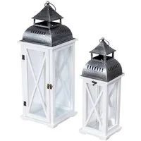 Levandeo® Kerzenlaterne, 2tlg. Laternen Set Holz weiß Metall Glas Shabby Chic 42cm & 60cm