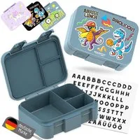BEARFOOT Lunchbox Brotdose mit Fächern, leicht & auslaufsicher - Dinos blau, PP, ABS, Silikon, Kindergarten und Schule - Mädchen und Jungen, Vesperbox, Snackbox