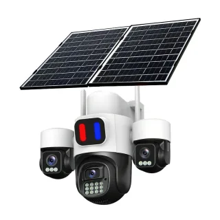 AOV 4G 15MP HD Three-lens Solar Security Camera Outdoor PTZ Night Vision 2-Way Audio Blue Red Light Deterrent 24/7 Recor