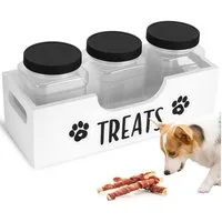 BlingBin Futterbehälter Holz-Aufbewahrungsbox für Tierfutter und Leckerlis mit 3 weißen Dosen, Holz, ABS, (1 Stück, 1-tlg., 32*12.5*10cm), geeignet für Katzen und Hunde
