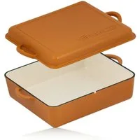 Mahlzeit Bräter Gusseisen emailliert, 10,5 L, Sunny Orange, Bräter 2in1 mit Pfanne, Gusseisen