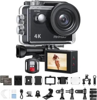 AKASO Action Cam4K30FPS 20MP WiFi Unterwasserkamera 170°Ultra Weitwinkel Full HD Action Kamera mit 2 Zoll LCD Bildschirm 2.4G Fernbedienung und 2x1050mAh Akkus-EK7000 Schwarz