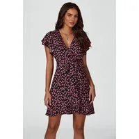 FS Collection Wickelkleid Damen Minikleid Sommerkleid Freizeitkleid Blumenkleid Kurzarm (Größen: XS (EU:36 / UK:8) · S (EU:38 / UK:10) · M (EU:40 / UK:12) · L (EU:42 / UK:14) · XL (EU:44 / UK:16), 2 Farben: Schwarz-Rosa und Dunkelblau-Gelb) Wickelopt