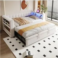 Flieks Daybett, Polsterbett Schlafsofa 90/180×190cm mit LED, Steckdose und Ausziehbett