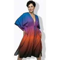 Ulla Popken Strandkleid Kaftan Farbverlauf Palmen V-Ausschnitt Halbarm
