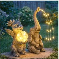 GLOBO LIGHTING LED Dekofigur, LED-Leuchtmittel fest verbaut, Solarleuchte Außenlampe Drache Elefant LED grau Gartendeko 2er Set
