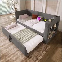 Odikalo Schlafsofa Ausziehbett Bettgestell Getränkehalter Leinen 90x190/200Beige/Grau