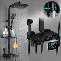 XIIW Duscharmatur Thermostat Duschsystem 86-120cm Verstellbare Duschstange Komplettset (Duschset mit Temperatur-LED-Display & Armatur, 30x19cm, 360° Regendusche Kopfbrause, Badewannenauslauf) 3 Strahlarten Handbrause 13x10cm