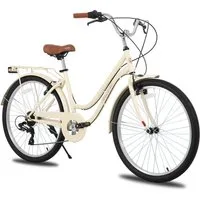 HILAND Cityrad 26 Zoll Beach Cruiser Bike für Männer und Frauen, Step-Through Rahmen, Step-Through Rahmen mit Gepäckträger und Korb,7 Gang