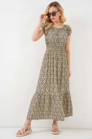 Floral A-Form Maxi-Kleid mit elastischen Details