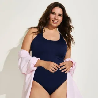 Komfort-Badeanzug mit gekreuzten Trägern, hohes Bein,, Damen,  Blau, Nylon-Mischung, by Lands' End