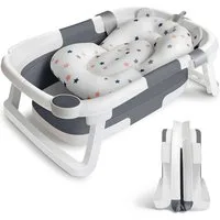 AKKEE Babybadewanne Faltbare Badewanne, Babywanne Badewannensitz Mit Badematte, mit Badewannen Stützkissen Sitzmatte, 63 x 43 x 23cm
