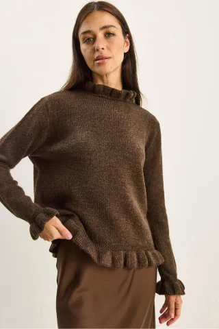 Rüschen-Halbkragen-Knopfstrickpullover