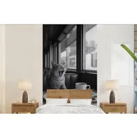 MuchoWow Fototapete Katze - Kaffee - Brot - Schwarz, Matt, bedruckt, Vliestapete für Wohnzimmer Schlafzimmer Küche, Fototapete, 120x240 cm