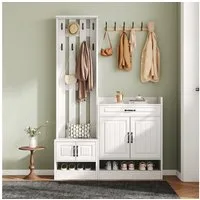 Flieks Garderoben-Set Flurmöbel-Set Schuhschrank Schuhbank Kleiderständer mit 8 Haken, (2-St), Garderobenständer Wandgarderobe Flurschrank Schuhregal Weiß