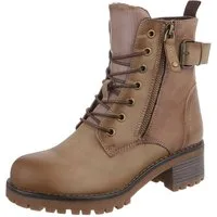 Ital-Design Damen Stiefel mit Reißverschluss und Schnürung Schnürstiefelette (90542901) Blockabsatz Stiefeletten in Hellbraun