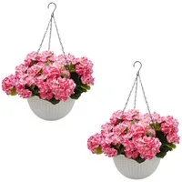 Kunstpflanze 2 Satz künstliche Außengeranien Blumen mit weißem Korb, GarveeMore